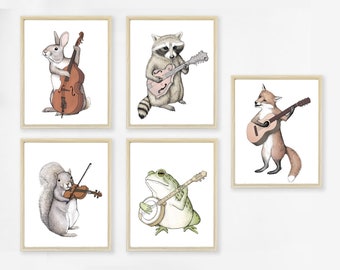 Buntes Bluegrass Kunstdruck-Set. Musikalische Kinderkunst. Kunstwerk aus dem Wald. Tier Band. Dekor Junge Mädchen.