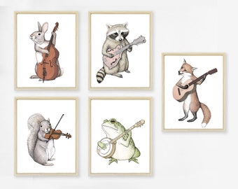 Kleurrijke Bluegrass Art Print Set van 5. Schattige dierenprints. Muzikale kwekerij kunst. Boskunstwerk. Dierenband. Decor Jongen Meisje.