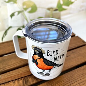 Camping Bird Nerd Mug. Birding Stainless Steel Beverage Cup. Bird Lover. Funny Bird Watcher Cute Illustrated coffee tumbler. Birder Gift. image 2