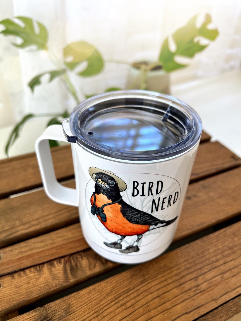 Camping Bird Nerd Mug. Birding Stainless Steel Beverage Cup. Bird Lover. Funny Bird Watcher Cute Illustrated coffee tumbler. Birder Gift. image 2