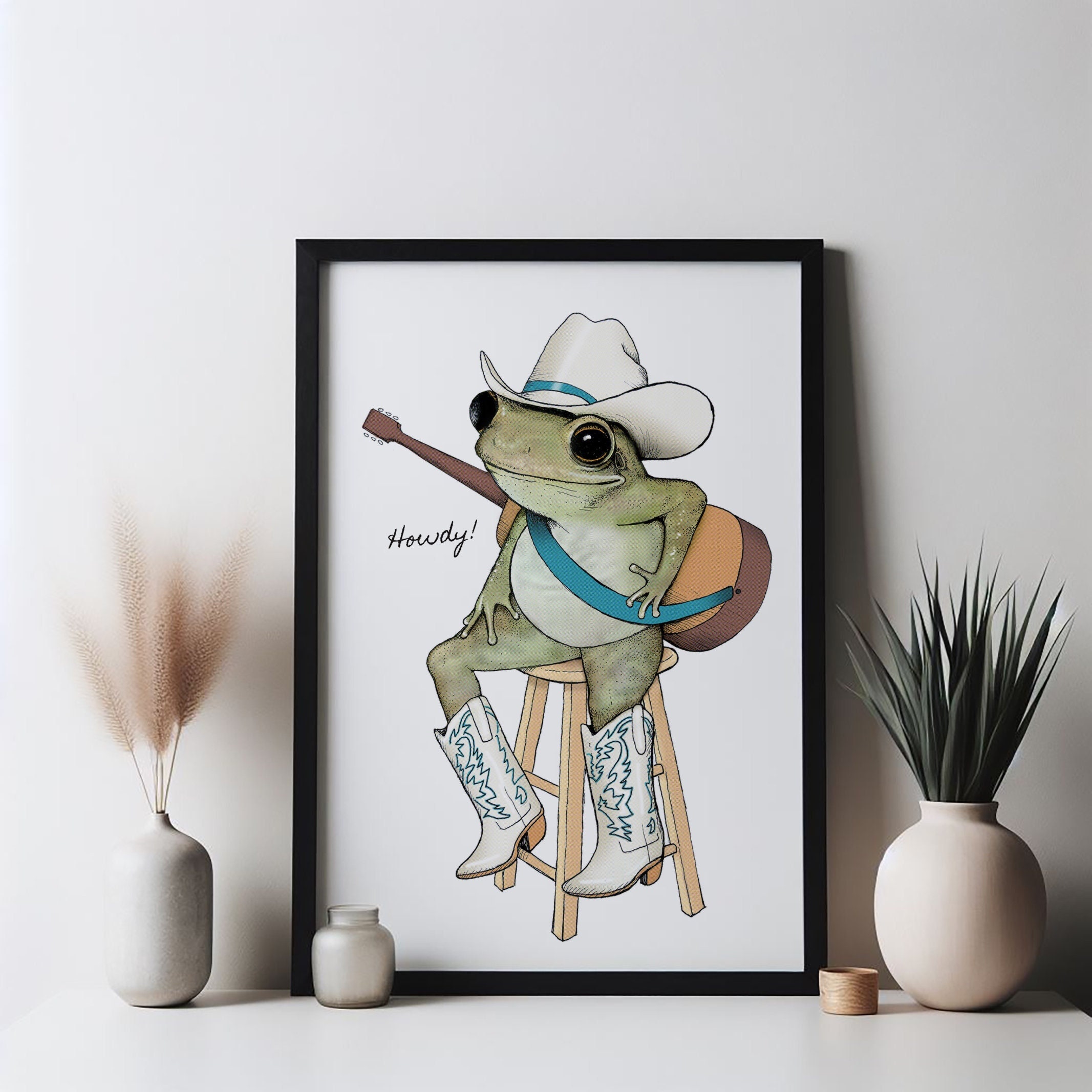 Western Cowboy Frog Art Print. Bluegrass Country Music Artwork