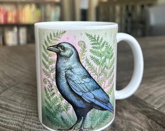 Crow Ceramic Mug or Steel Tumbler. Illustrated Original Bird Lover Nature Coffee Cup. Witchy Cottagecore Raven Aesthetic Birdwatcher Gift