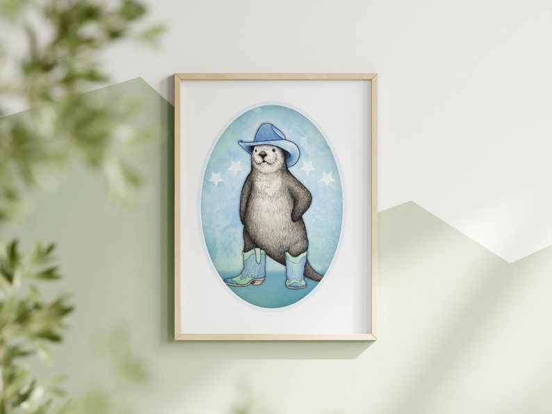 K&ouml;nnte beinhalten: Eine Aquarell-Illustration einer Cartoon-Otter, die einen blauen Cowboyhut und blaue Stiefel tr&auml;gt. Die Otter steht auf einem blauen und wei&szlig;en Hintergrund mit Sternen.