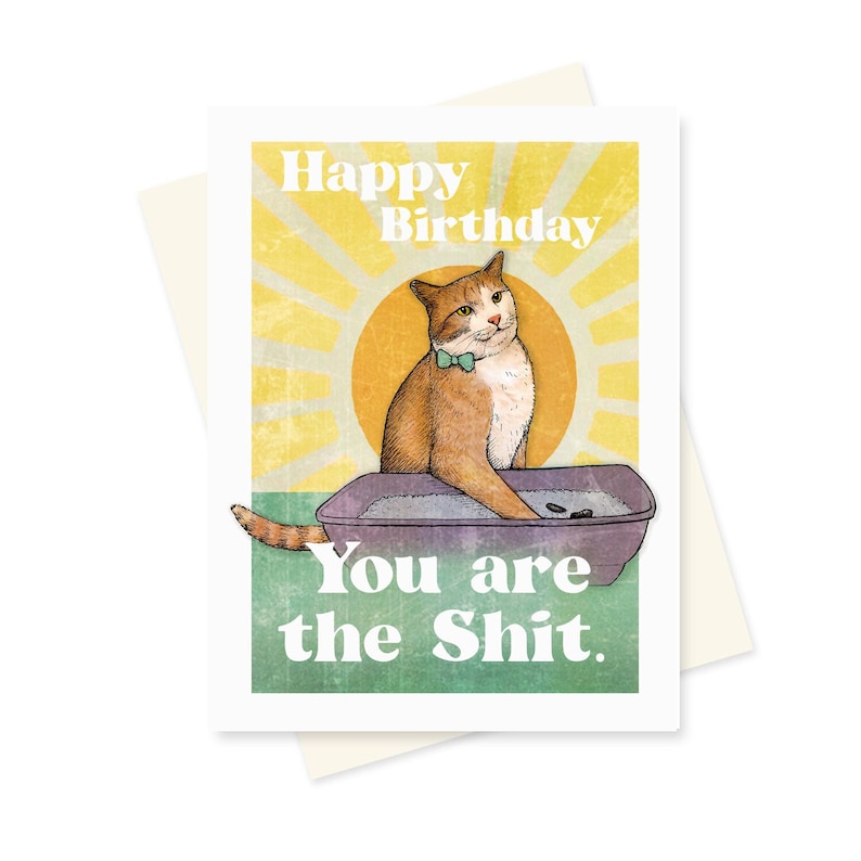 Orange cat reaching into litter box with the text "Happy Birthday, You are the shit" on a greeting card.