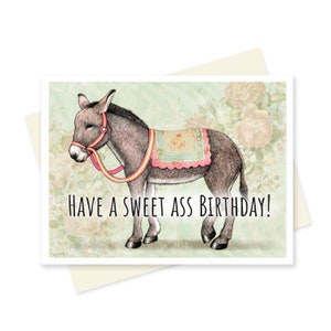 Cartão de aniversário engraçado de burro. Doce burro feliz aniversário floral fazenda do campo bonito namorado / namorada / amigo / marido / esposa cartão de aniversário
