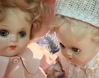 Vintage Madame Alexander Little Genius Composition Doll moving eyes & Tagged Dress fur trim gloves