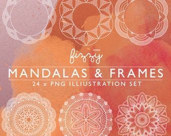 PNG: 24x Mandala indiano ispirato Spirograph illustrazioni telaio bordo digital clipart in formato PNG 300dpi. CA0063