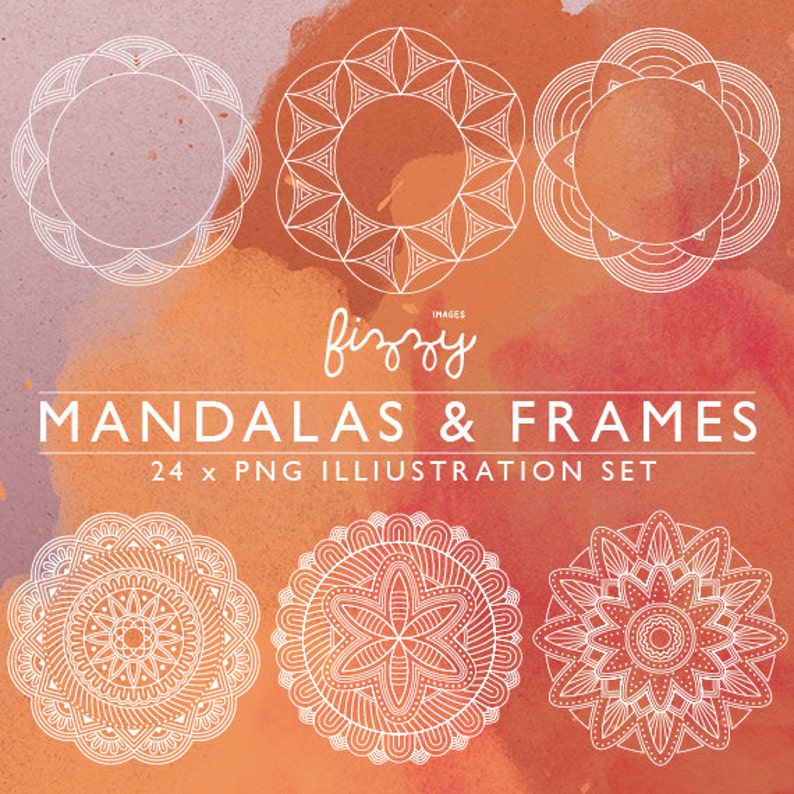 PNG CA0063 24 x Mandala Indian inspired Spirograph illustrations frame border digital clipart in PNG 300dpi format