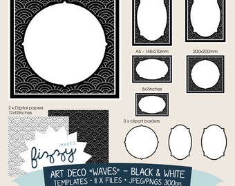 11 x Art Deco Clipart modello Invite Background - bianco e nero digitale file con Download immediato. TEM0001