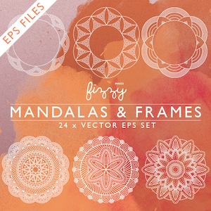 Op de afbeelding: Set van 24 vector mandala- en frame-ontwerpen in wit op een aquarel achtergrond. De ontwerpen zijn ingewikkeld en gedetailleerd, met een verscheidenheid aan vormen en patronen. De tekst "fizzy IMAGES" en "MANDALAS & FRAMES 24 x VECTOR EPS SET" is ook in de afbeelding opgenomen.