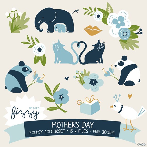15 X Cute Animals and Flower Clip Art for Mothers Day in Folksy Colour ...