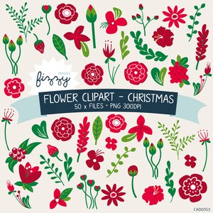 50 x Christmas Flower Clipart in Red - Digital files PNG 300dpi with Instant Download. CA0053