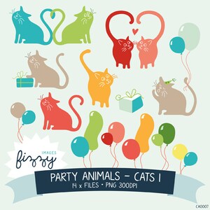 PNG: 14 piece Cats and Balloons Clipart in a range of colours - Digital files with Instant Download. CA0007