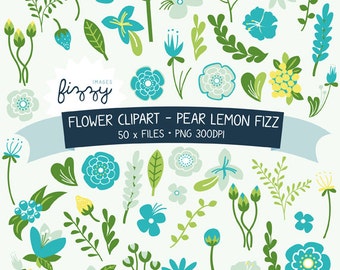 PNG: 50 x Flower Clipart in Pear Lemon Fizz colour set - Digital files PNG 300dpi with Instant Download. CA0022