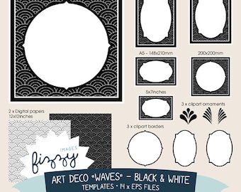 EPS: 14 x Art Deco Clipart modello Invite Background - file in bianco e Nero Digital con Download immediato. TEM0001