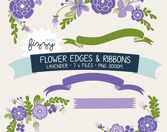7 x fiore & nastro Clipart bordi o angoli in lavanda colori - digitale con Instant Download. CA0025
