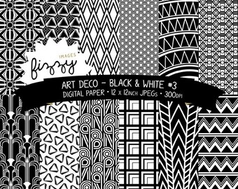 12 x Art Deco grande Gatsby anni trenta anni venti in bianco e nero n. 3 Patterned Paper Digital Clipart con Download immediato. MPS0035