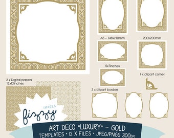 12 x Art Deco Template Invite Clipart Backgrounds - Gold Digital files with Instant Download. TEM0005