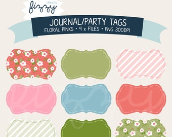 9 x Journal o partito tag Clipart in rosa - Digital file PNG 300dpi con Instant Download. CA0039