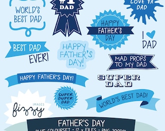 12 x papà messaggi Clip Art in Blues - digitali con Download immediato. CA0015