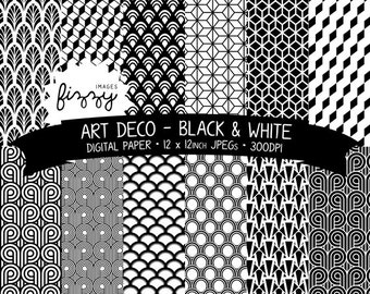 12 x nero grande Gatsby anni trenta anni 1920 Art Deco & bianco fantasia carta digitale Clipart con Download immediato. MPS0023