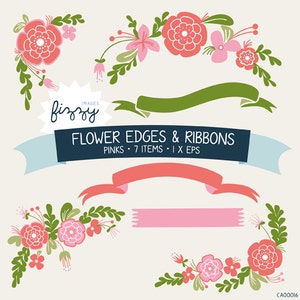 EPS: 7 x Flower decorations & Ribbon Clipart in Pink colours - Vector EPS digital files with Instant Download. CA0016