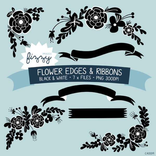 7 x Flowers & Banners: Hand drawn Clipart in Black and White - Digital with Instant Download. CA0019