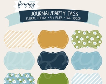 9 x Journal o partito tag Clipart in Folksy - Digital file PNG 300dpi con Instant Download. CA0040