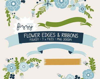 PNG: 7 decorazioni di fiori x & nastro Clipart nel Folksy colori - digitale con Instant Download. CA0004