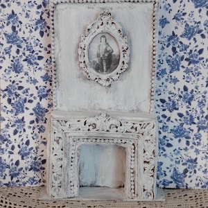 Miniature Fireplace White Decorative with Wall and Framed Picture, 1:12 Scale, Antique Look, Vintage Look Dollhouse or Diorama Décor&#39;