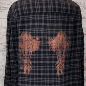 Black Angel Wing Plaid Distressed Bleached Flannel, Small to 3X Large Men&#39;s Sizes, Unisex, Biker, Rocker, Gothic