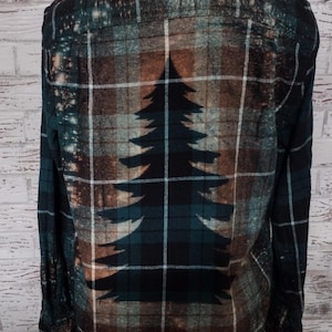 Green Tree Plaid Distressed Bleached Flannel Shirt, X Small to 3X Large Men's Sizes, Unisex, Christmas Tree, Spruce Tree, Pine Tree, Boho
