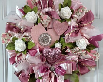 Valentine's Day Heart Wreath, Romantic Shabby Chic Rag Wreath