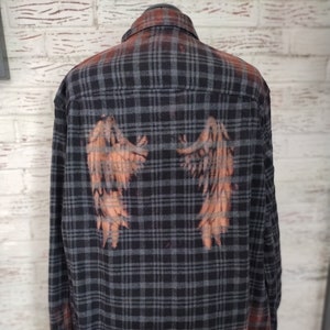 Black Angel Wing Plaid Distressed Bleached Flannel, Small to 3X Large Men's Sizes, Unisex, Biker, Rocker, Gothic