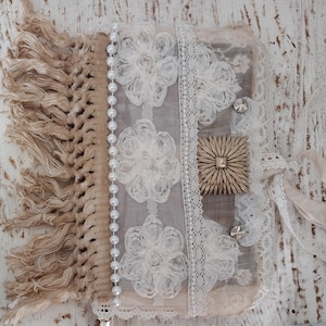Romantic Lace Junk Journal, Shabby Chic, Boho, Notebook, Coffee Dyed, Vintage Brooch