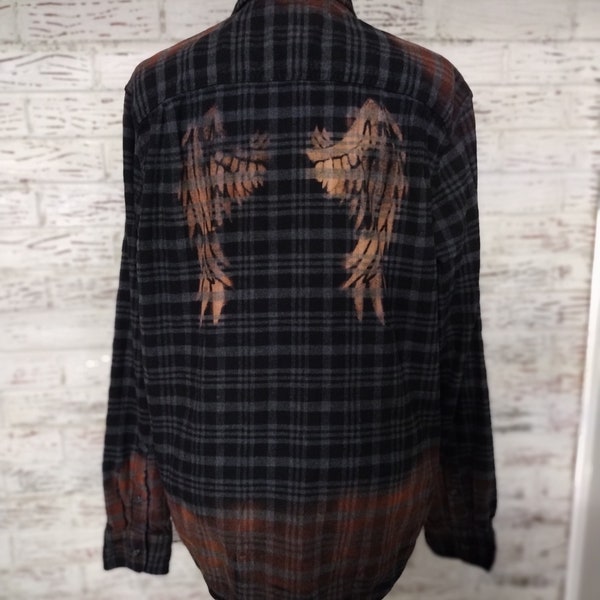 Black Angel Wing Plaid Distressed Bleached Flannel, Small to 3X Large Men's Sizes, Unisex, Biker, Rocker, Gothic