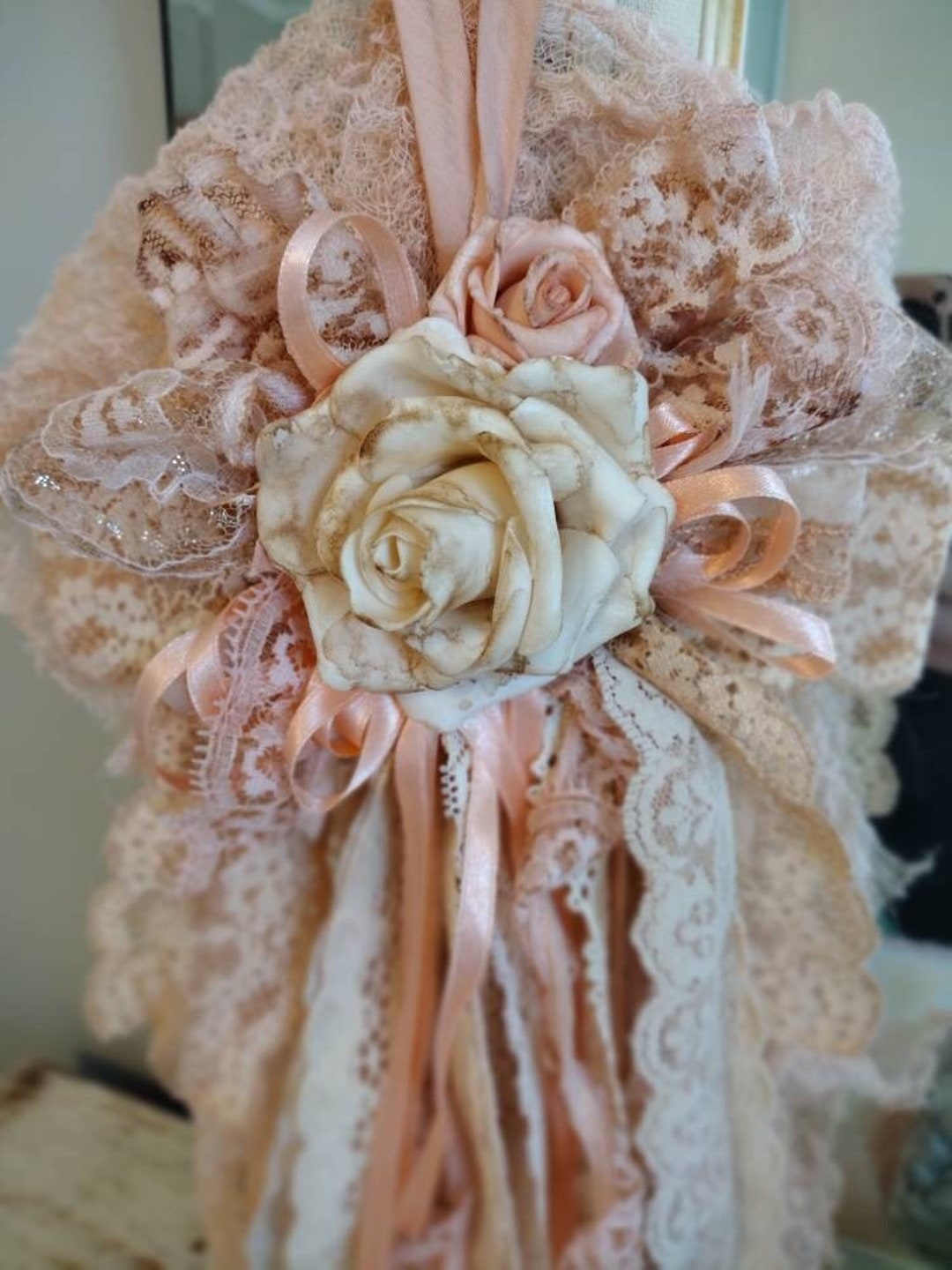 Peach Romantic Rag Bow/vintage Lace/flowers/vintage - Etsy