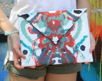 Envelope clutch handbag for her, handpainted, grey,red,green,abstract, Unique handmade gift for you love or bestie! FREE SHIPPING