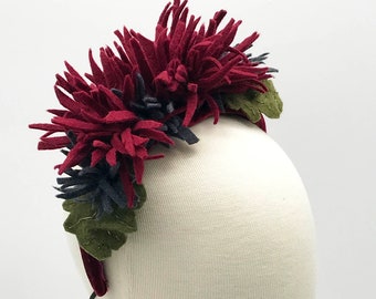 Burgundy red and grey padded velvet headband, "Sigrid" winter floral headband, halo headpiece, felt headband, winter hat,church fascinator