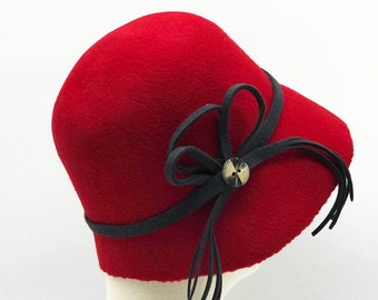 cherry red cloche hat, great gatsby hat, 1920s womens hat, felt flapper cloche, womens felt hat, cute hats for women, red hat ladies, church