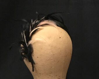 Kentucky Derby, "Catherine", Wedding, Party or Tea Party headband fascinator in blush and black feathers, tulle accent.  Birdcage veil avbl.