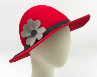 red wide brim floppy hat, wool felt hat,"Kim"red and grey winter hat,floppy hat for ladies,flower trim winter hat, boho felt hat for ladies,