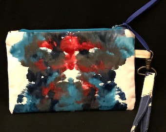 Wristlet zipper pouch,  hand painted canvas handbag,"Turchese",