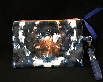 Clutch bag, wristlet, wearable art "Arancia"  handpainted canvas wristlet