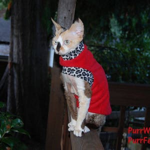 May include: A white and brown cat wearing a red and black leopard print sweater. The cat is sitting on a wooden surface. The text "PurrWear PurrFect" is visible in the lower right corner of the image.