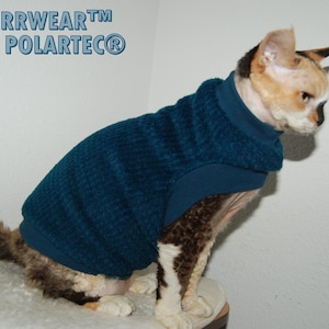 Puede incluir: Un gato Cornish Rex con un suéter de vellón azul turquesa con el texto "PURRWEAR™ MM POLARTEC®" en la parte delantera.