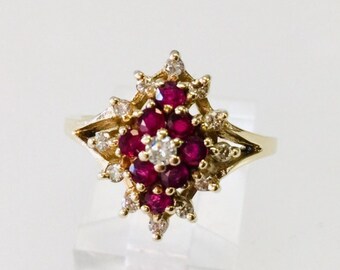 Vintage Gold Ruby and Diamond cluster ring