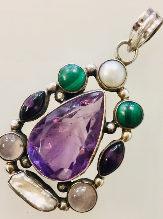 Large Sterling Amethyst and Gemstone Halo Pendant