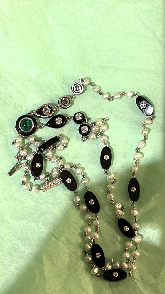 Signed Art Deco Diamond , Onyx , Pearl , Emerald … - image 6