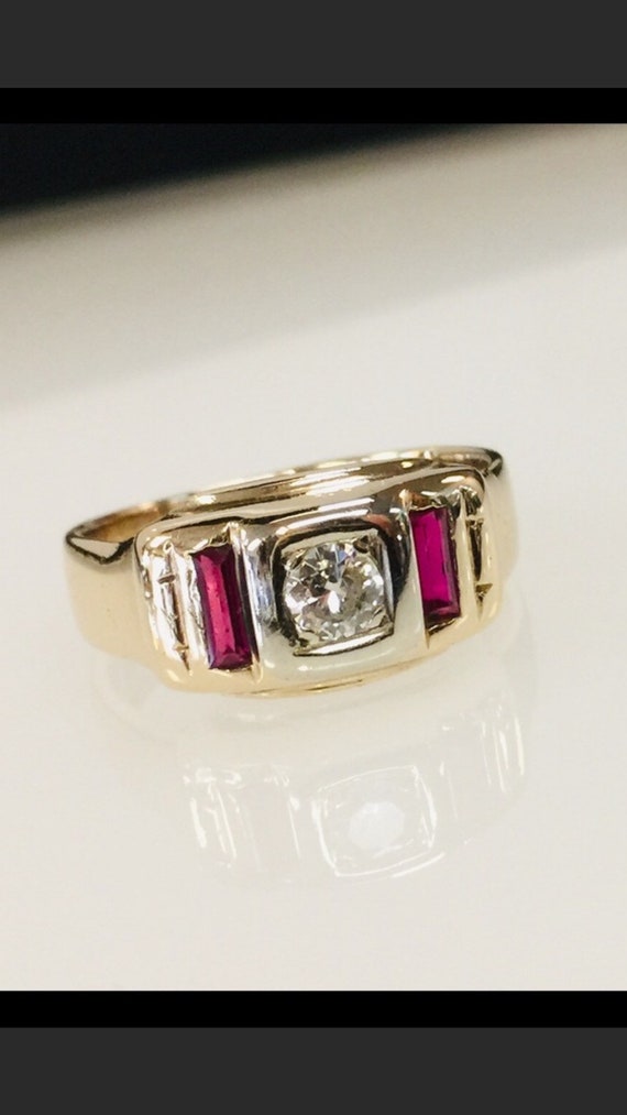 14k Art Deco Three stone Diamond and Rubies ring